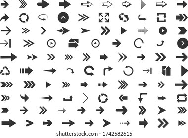 Arrows set of 100 black icons isolated on white background. Arrow icon. Arrow vector collection. Arrow. Cursor. Modern simple arrows. Vector illustration.