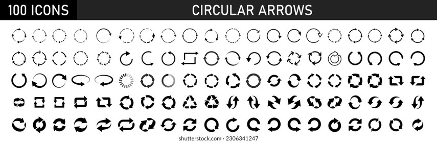 Arrows set of 100 black icons. Arrow icon. Set of circle arrows rotating on white background. Refresh, reload, recycle, loop rotation sign collection. Vector illustration
