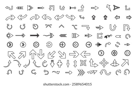 Arrows set of 100 black icons. Arrow icon. Arrow vector collection. Arrow. Cursor. Modern simple arrows. Vector illustration. outline vector design 