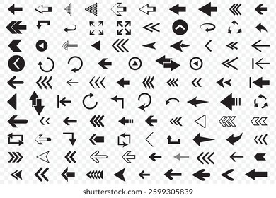 Arrows set of 100 black icons. Arrow icon. Set of circle arrows rotating on white background. Refresh, reload, recycle, loop rotation sign collection. Vector illustration. EPS 10.