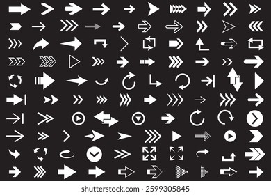 Arrows set of 100 black icons. Arrow icon. Set of circle arrows rotating on white background. Refresh, reload, recycle, loop rotation sign collection. Vector illustration. EPS 10.