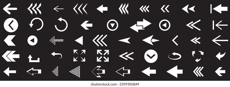 Arrows set of 100 black icons. Arrow icon. Set of circle arrows rotating on white background. Refresh, reload, recycle, loop rotation sign collection. Vector illustration. EPS 10.
