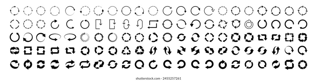 Arrows set of 110 black icons. Set of circle arrows. Vector elements. Black loading