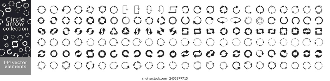 Arrows set of 144 black icons. Set of circle arrows. Vector elements. Black loading