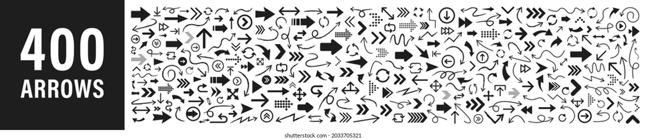 Arrows set of 400 black icons. Arrow icon. Arrow vector collection. Arrow. Cursor. Modern simple arrows. Vector illustration.