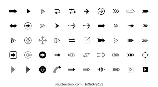 Arrows set of 50 icons. Arrow black vector icon rectangular, round, with rotation. Simple flat illustration.