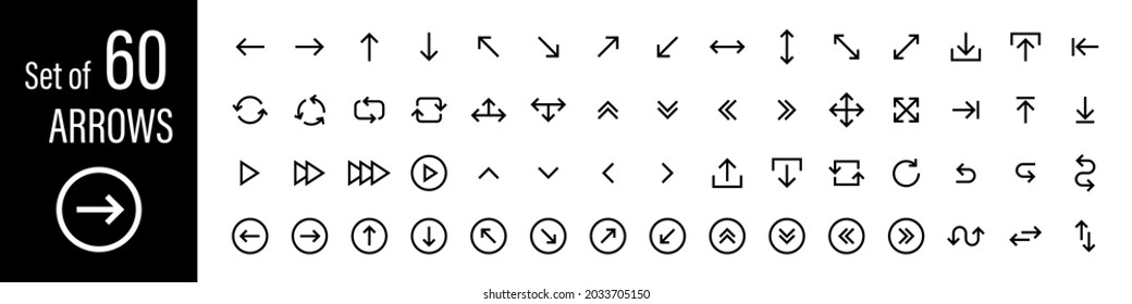 Arrows set of 60 black icons. Arrow icon. Arrow vector collection. Arrow. Cursor. Modern simple arrows. Vector illustration.