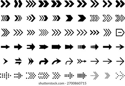 Setas com 60 ícones pretos. Ícone de seta. Coleção de vetores de seta. Setas. Cursor. Setas simples modernas. Ilustração vetorial. Coleção de Vetores de Seta Preta. Conjunto de ícones de seta vetorial.