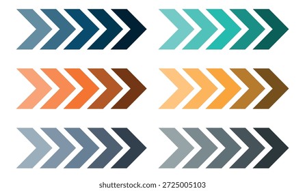 Conjunto de flechas. Conjunto Abstractas de flechas de dirección derecha coloridas con tonos degradados, colección de chevrones geométricos modernos para diseño de navegación, concepto de progreso, imágenes de estrategia empresarial, infografía