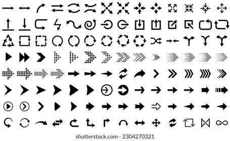 Pfeilsatz. Kollektion von Pfeilsymbol. Legen Sie verschiedene Pfeile oder Webdesign fest. Pfeilflachstil einzeln auf weißem Hintergrund, Stockvektorgrafik.
