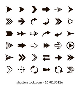Arrows set. Black arrow symbols pictograms. Direction signs. Navigation buttons forward, back collection.