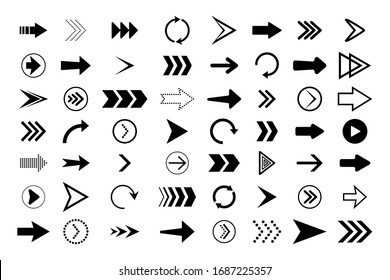 Arrows Set. Black Direction Symbols. Graphic Icons Of Up, Down, Right, Next, Cursor, Back, Circle, Refresh, Rewind, Repeat, Forward, Pointer For Web Orientation. Simple Digital Shapes, Lines. Vector.