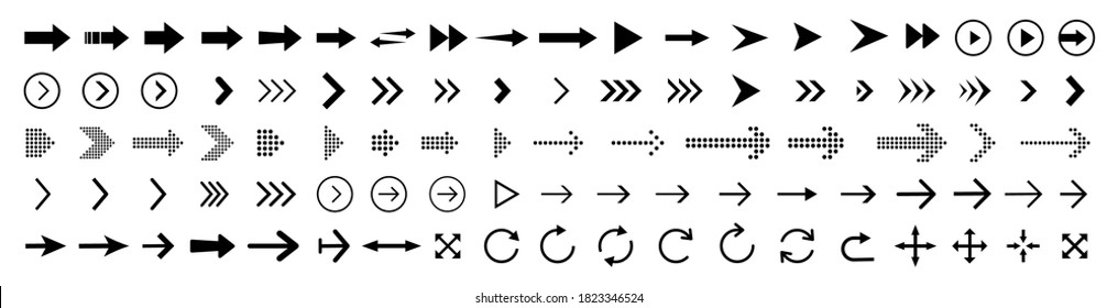 Arrows set of black icons. Arrow icon vector illustration. Various arrows isolated with the ability to change the thickness and dimensions of the arrow elements. Vector illustration