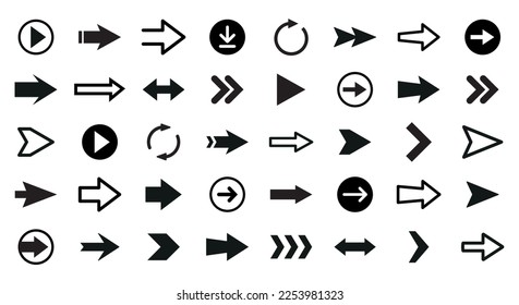 Juego de flechas de iconos negros. Iconos de flecha establecidos en fondo blanco. Modernas flechas simples. Icono de flecha. Icono de cursor. Ilustración vectorial.