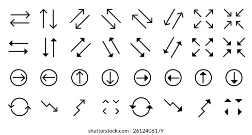 Arrows set of black icons. Arrow vector collection. Modern simple arrows. Vector illustration. Arrows UI isolated icons set. Set of line vector icon with editable stroke	