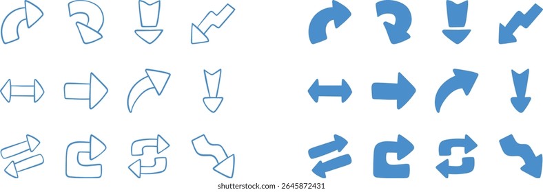 Arrows set black icons. Arrow icon. Arrow vector collection. Doddle arrow set, collection of arrows. Collection different arrows sign. Black vector arrows icons