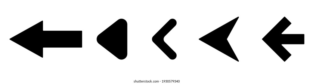 Piler satt svart. Piler som peker til venstre ikonsett. Vektor sett med trendy svarte piler i flat stil. Innsamling av enkle vektorpiler. Pekere ikoner. Vektor illustrasjon.