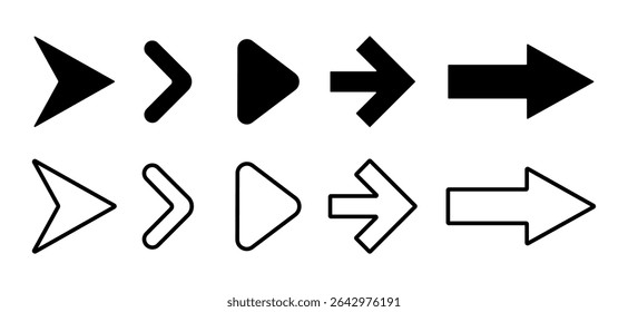 Arrows set black. Arrows pointing to the right icon set. Trendy black arrows in flat style. Collection of simple vector arrows. Cursors icons. Vector illustration.