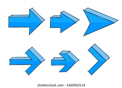 Arrows set. Blue hand drawn sketch. Vector illustration isolated on white background