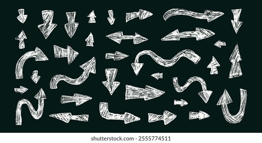 Arrows set chalk drawing. White handwritten textured symbols. Pointers by pencil isolated. Vector freehand elements illustration