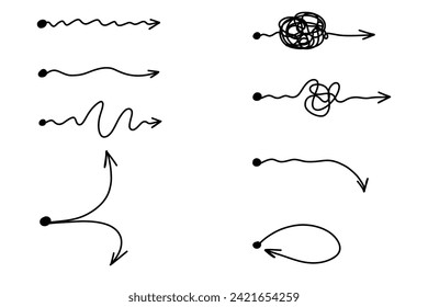 Arrows set. Chaos mind brain, problem solving and business solution searching challenge concept. Complex and easy simple path way from start to end. Hand drawn vector doodle scribble chaos path line.