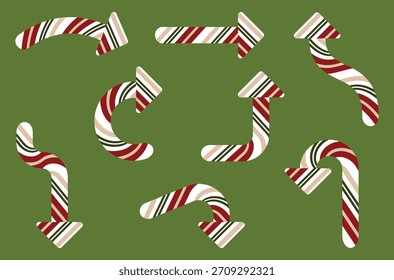 Flechas. Conjunto de Navidades de caña de caramelo flechas con rayas rojas verdes, crema. Iconos direccionales festivos para proyectos de diseño de invierno de navegación navideña diseños decorativos gráficos estacionales, temas de Navidades