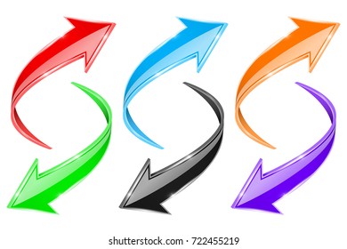 Arrows set. Colored curve signs. Vector 3d illustration isolated on white background