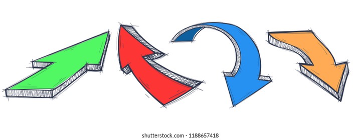 Arrows set. Colored hand drawn sketch. Vector illustration isolated on white background