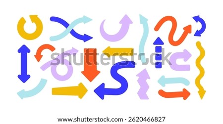 Arrows set. Curved pointers pointing and showing movements, actions. Point symbols, twisted design elements for ui, refresh, reload and shuffle. Flat vector illustration isolated on white background