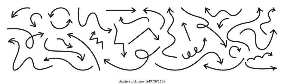 Arrows set. Direction pointers. Hand drawn freehand different black curved lines, swirls arrows. Doodle marker drawing. Scribbles and scrawls. Vector illustration on white background