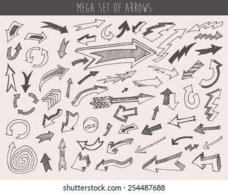 Arrows set doodle vector illustration, hand drawn