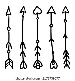 Arrows Set in engraving style Vector Illustration. Hand - Drawn Collection of black arrows on white background