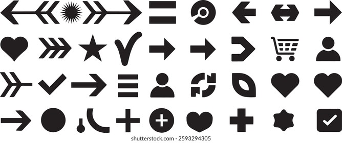 Arrows set featuring various arrow styles, including simple, modern, and cursor arrows in black icons, vector collection also includes check marks, tick symbols, love, people, stars, web icons