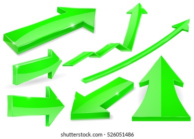 Arrows set. Green shiny 3d icons. Vector illustration isolated on white background