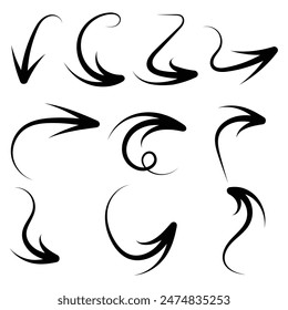 Arrows set. Hand drawn arrows. Collection of black arrows of different directions. Thick arrows drawn with a round brush	
