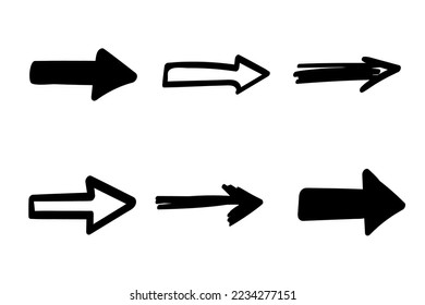 Arrows set. Hand drawn direction indicator elements. Simple doodle pointers for interface design, cursors right.Isolated.Vector illustration