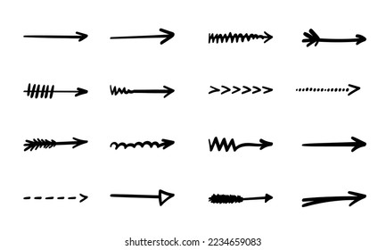Arrows set. Hand drawn direction indicator elements. Simple doodle pointers for interface design, cursors right.Isolated.Vector illustration