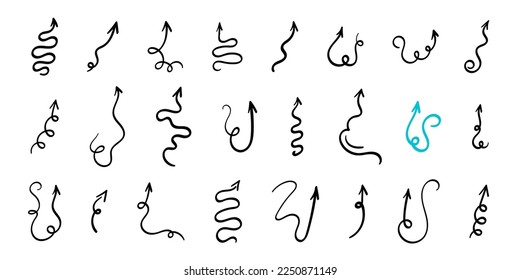 Arrows up set. Hand drawn direction indicator elements. Simple doodle pointers for interface design, cursors upwards.Isolated.Vector illustration