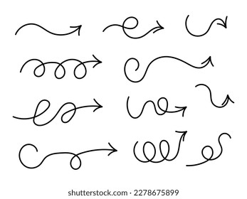 Arrows set. Hand drawn direction indicator elements. Cursors right in doodle style. Arrows or pointers collection isolated on white background. Vector illustration