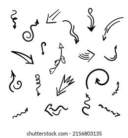 Arrows set. Hand drawn doodle elements. Direction indicators, pointers, simple icons elements. Freehand sketch style. Isolated.Vector illustration