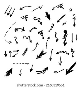 Arrows set. Hand drawn doodle elements. Direction indicators, pointers, simple icons elements. Freehand sketch style. Isolated.Vector illustration