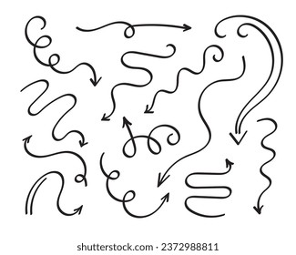 Arrows set, hand drawn doodle direction twist indicators, pointers and scroll elements.Collection of swirly various dynamics shapes.Isolated on white background. Vector illustration