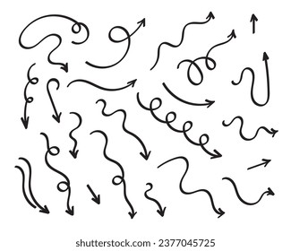 Arrows set, hand drawn doodle direction twist indicators, pointers and scroll elements.Collection of swirly various dynamics shapes.Isolated on white background. Vector illustration