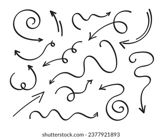 Arrows set, hand drawn doodle direction twist indicators, pointers and scroll elements.Collection of swirly various dynamics shapes.Isolated on white background. Vector illustration