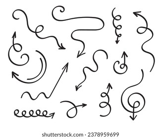 Arrows set, hand drawn doodle direction twist indicators, pointers and scroll elements.Collection of swirly various dynamics shapes.Isolated on white background. Vector illustration