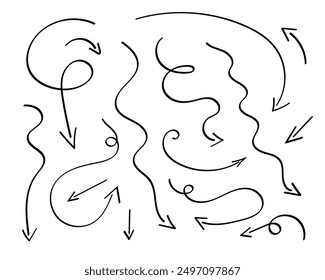 Pfeile gesetzt, handgezeichnete Doodle-Richtung Twist-Indikatoren, Zeiger und Scroll-Elemente.Sammlung von Drall verschiedene Dynamik Formen.Isoliert auf weißem Hintergrund. Vektorgrafik