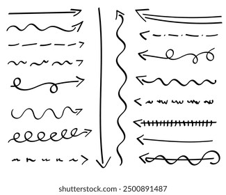 Pfeile gesetzt, handgezeichnete Doodle-Richtung Twist-Indikatoren, Zeiger und Scroll-Elemente.Sammlung von Drall verschiedene Dynamik Formen.Isoliert auf weißem Hintergrund. Vektorgrafik