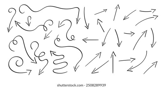 Pfeile gesetzt, handgezeichnete Doodle-Richtung Twist-Indikatoren, Zeiger und Scroll-Elemente.Sammlung von Drall verschiedene Dynamik Formen.Isoliert auf weißem Hintergrund. Vektorgrafik