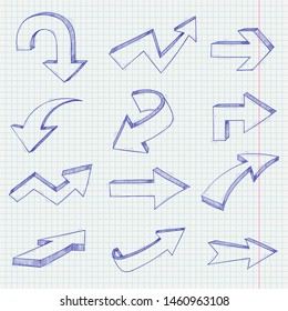 Arrows set. Hand drawn doodles on lined paper background. Vector illustration