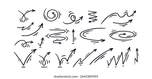 Arrows set. Hand drawn freehand curved lines. Doodle pencil collection, black chalk scribbles on white background. Direction pointers. Vector texture sign, motion expression